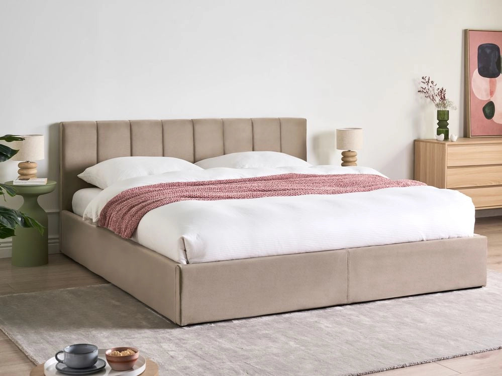 Letto matrimoniale contenitore Rivestimento in velluto beige 180 x 200 cm con testiera a doghe