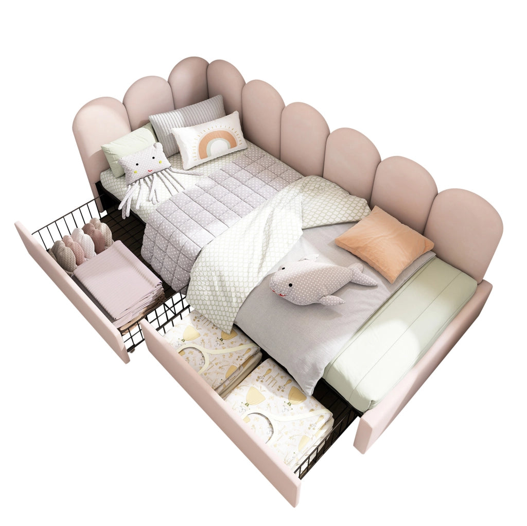 Letto singolo 90x200 cm con 2 cassetti; velluto rosa