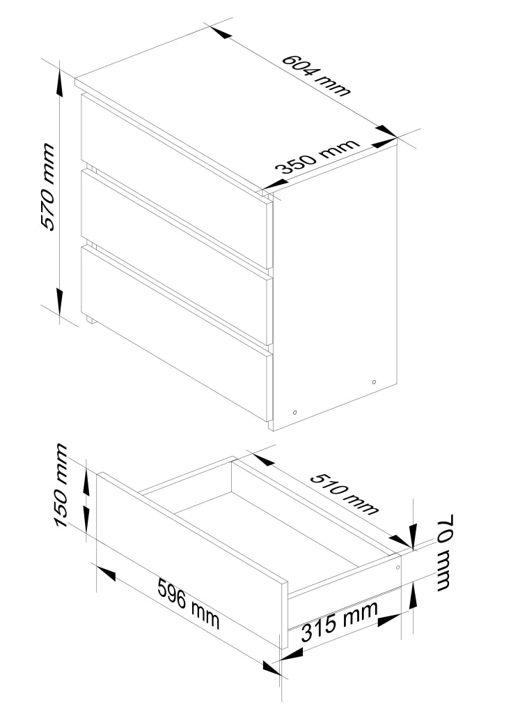 Comodino AKORD CL3 Grigia Grafite 60 cm 3 cassetti inserto frontale Quercia Artisan 60x35x57 cm