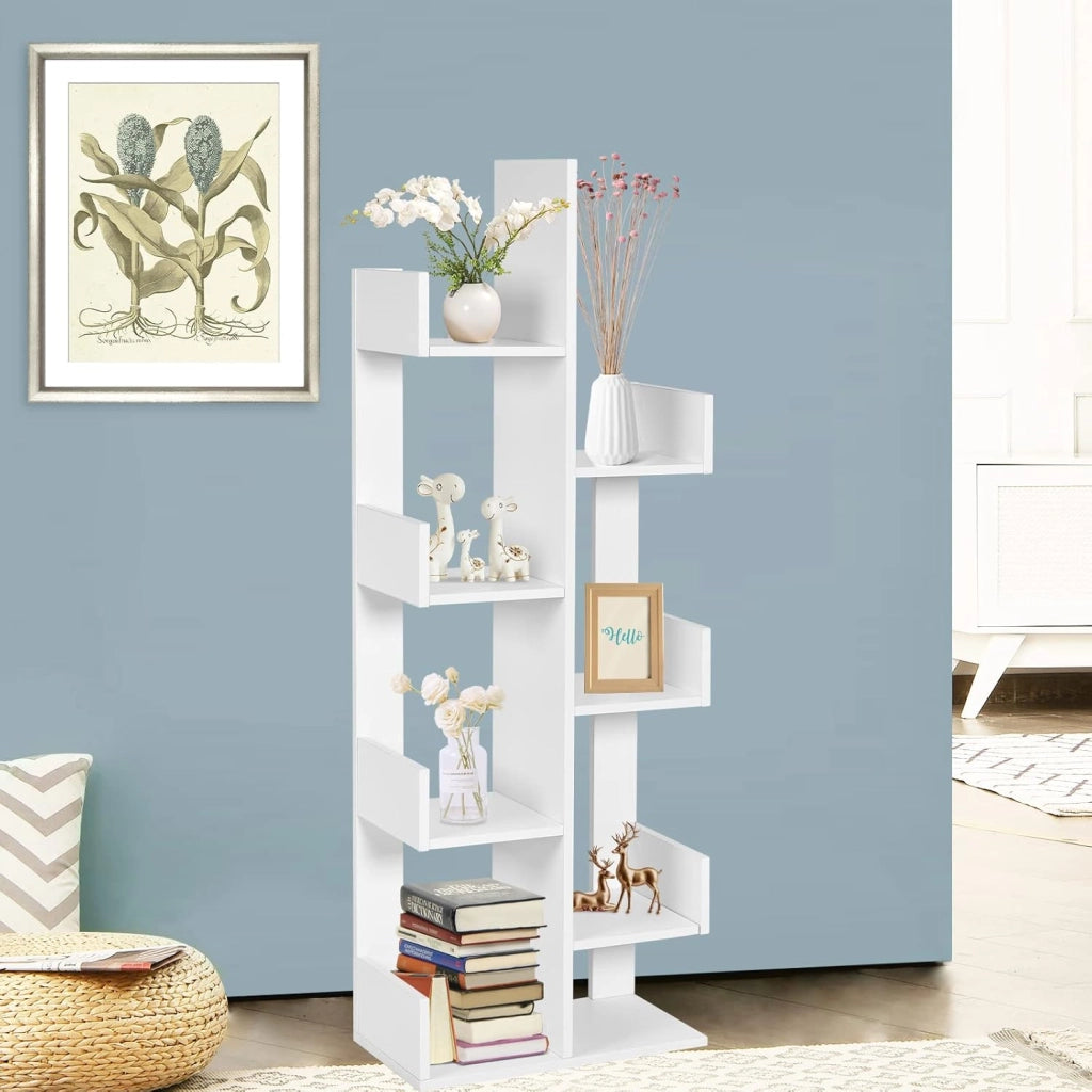 Libreria Multiuso da Terra, Libreria ad Albero con 8 Ripiani, Scaffale in Legno per Libri, Ideale per Soggiorno, Ufficio, 50 x 25 x 145 cm (Bianco)