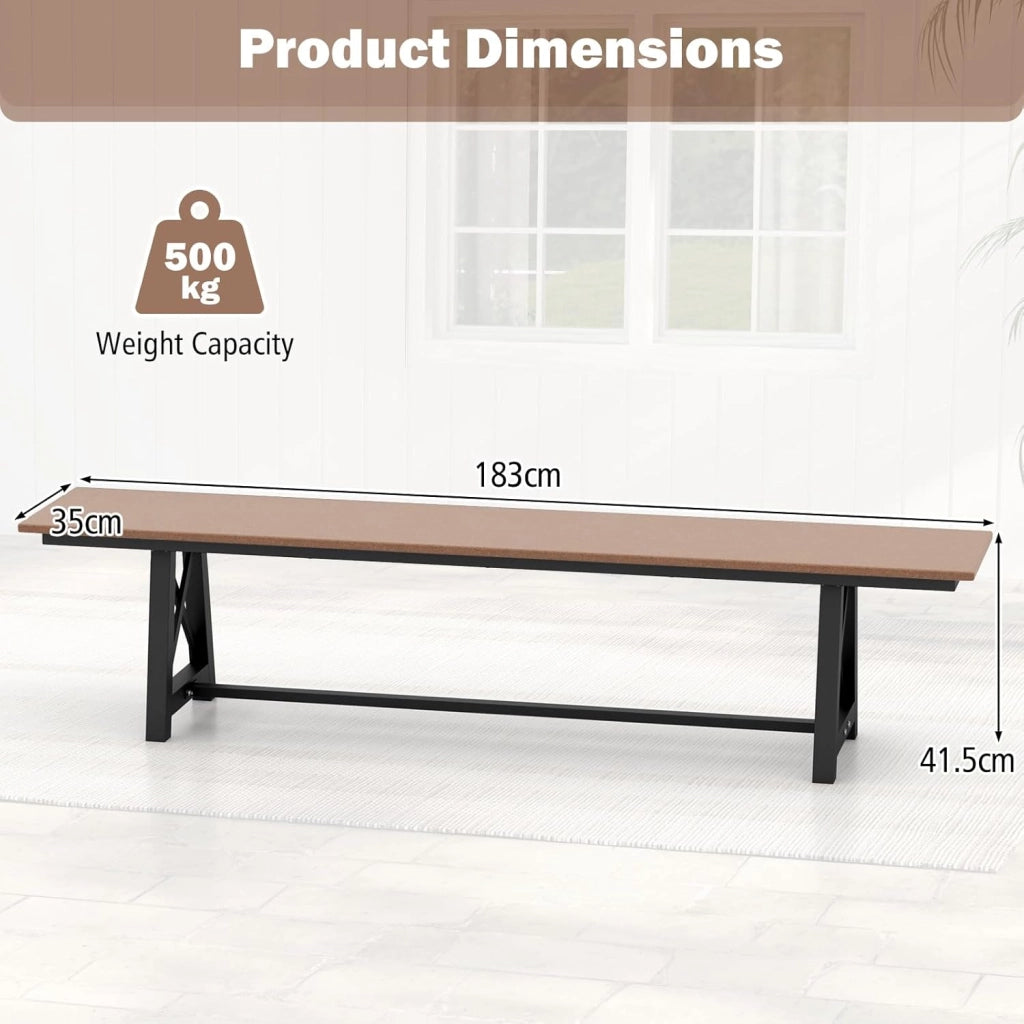 Panca da giardino, resistente alle intemperie, 3 posti, per esterni, portata fino a 500 kg, in HDPE e telaio in metallo, per giardino, balcone, terrazza, 183 x 35 x 41,5 cm, marrone