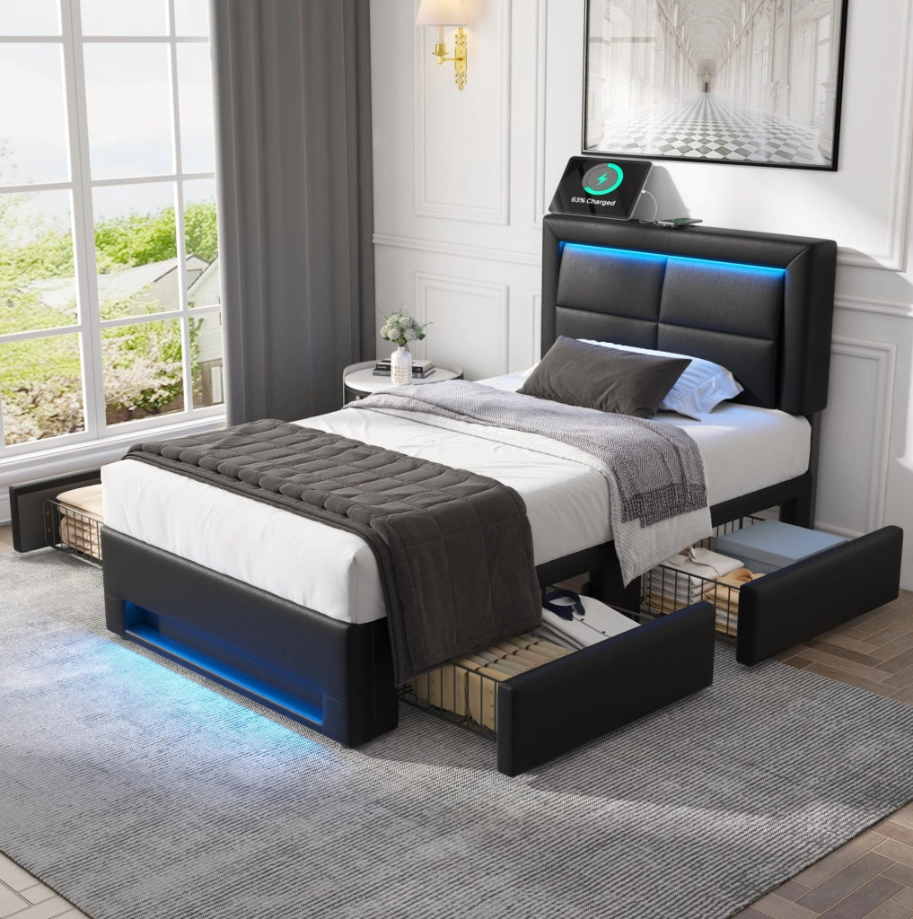 Letto imbottito 90x200 cm con USB; LED e 4 cassetti; senza materasso; PU nero