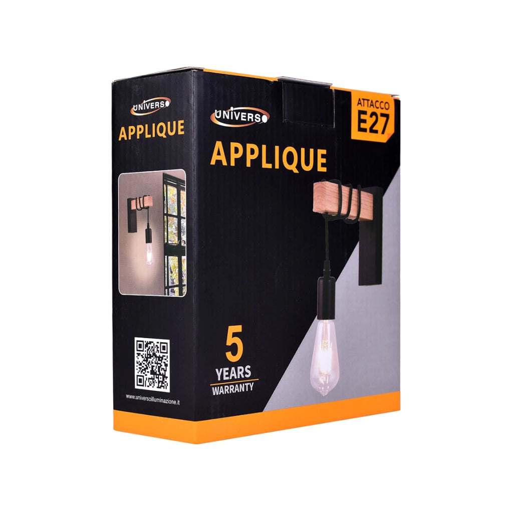 APPLIQUE DA PARETE IN METALLO NERO CON ATTACCO E27 - DESIGN INDUSTRIALE CON CORPO IN LEGNO IDEALE PER ILLUMINAZIONE INTERNA