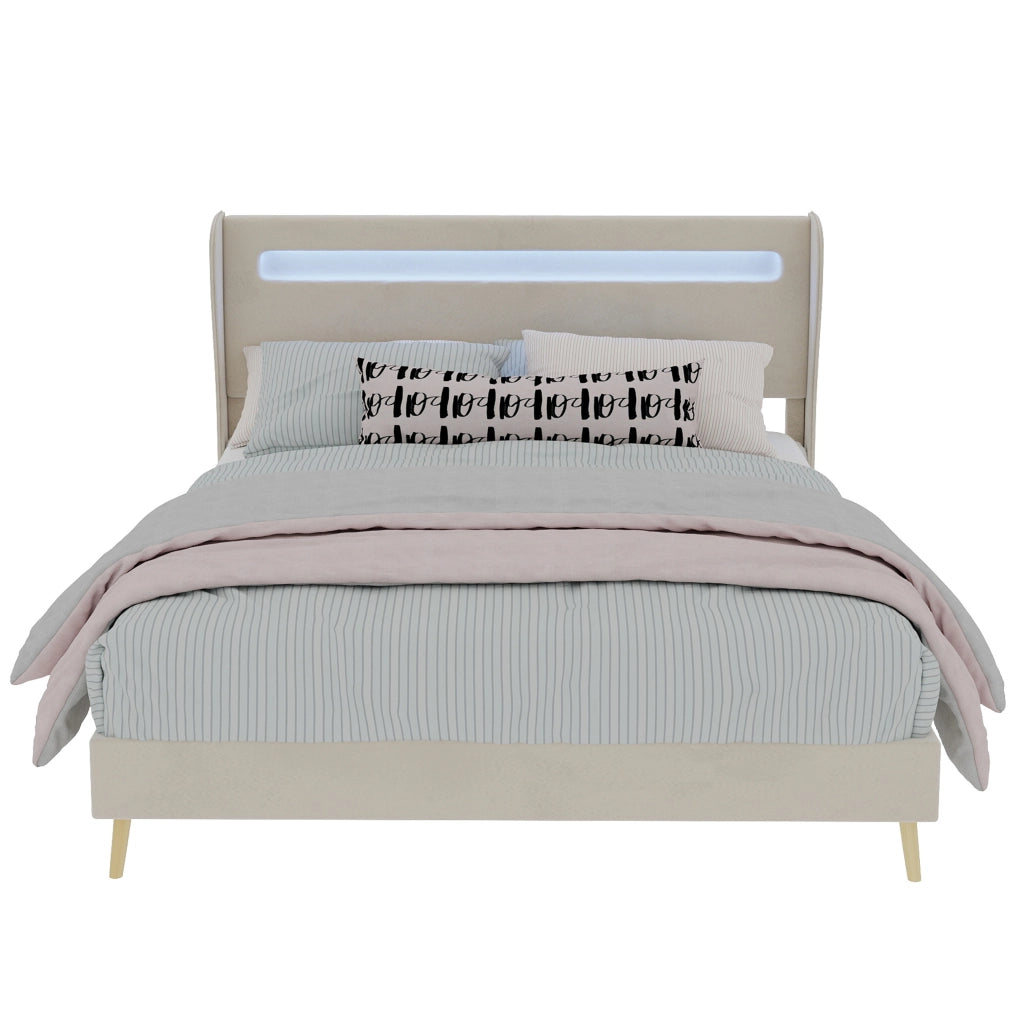 Letto Matrimoniale 140x200 cm; LED Regolabile e Schienale Regolabile in Tessuto - Beige