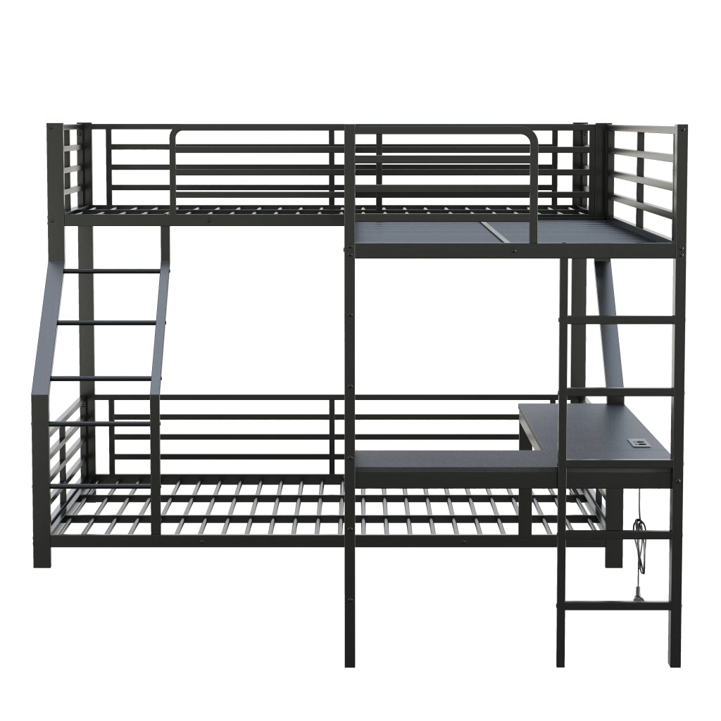 Letto a Castello 90x200 cm e 140x200 cm; 3 Posti - Scrivania; USB e Type-C - Nero