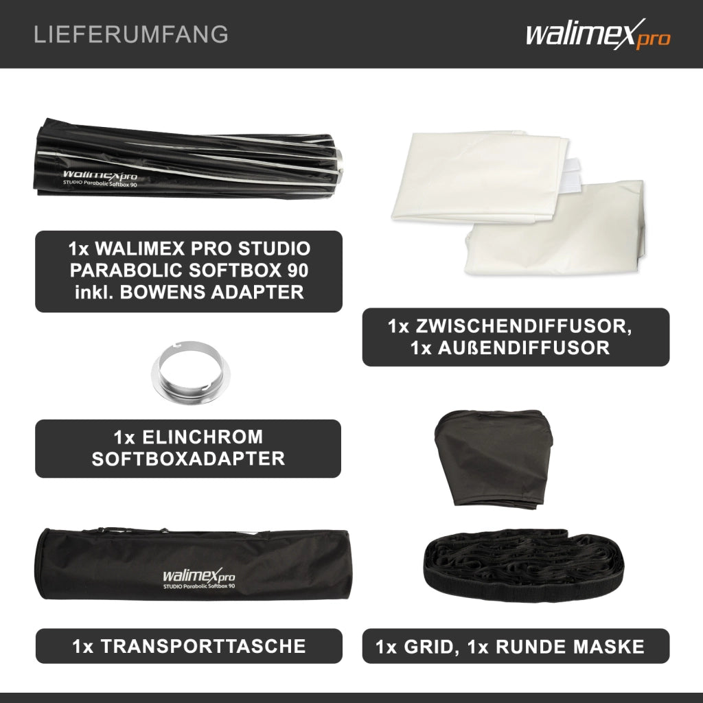 Studio Parabolic Softbox 90cm + adattatore softbox per Elinchrom (diametro esterno: 15,2 cm), facile da montare grazie alla funzione ombrello, include griglia, maschera, adattatore Bowens
