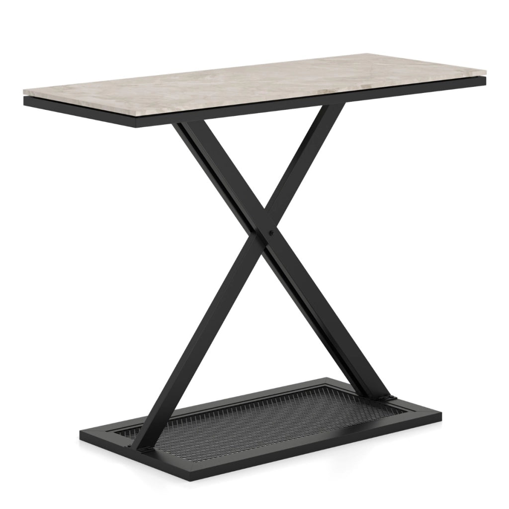 Tavolo consolle con piano in marmo finto da salotto con piedini regolabile, Tavolo da ingresso con struttura metallica Bianco e Nero-Consolle