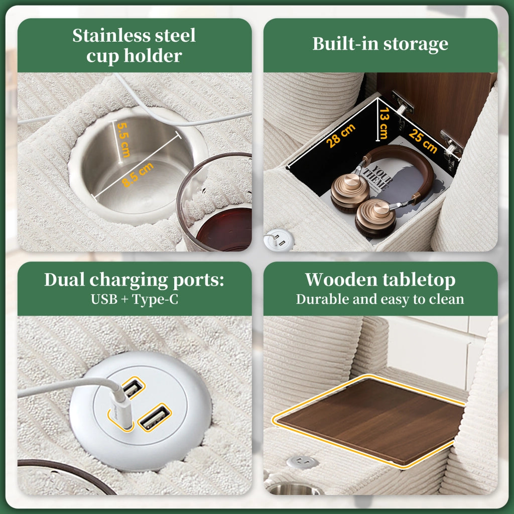 Divano angolare modulare 4 posti - con console; portabicchieri e USB - in velluto a coste beige