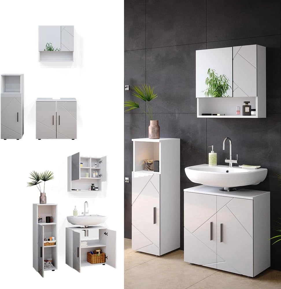 Set mobili bagno Irma, Bianco lucido, 80 cm, composto da mobile sottolavabo, specchiera e mobile medio