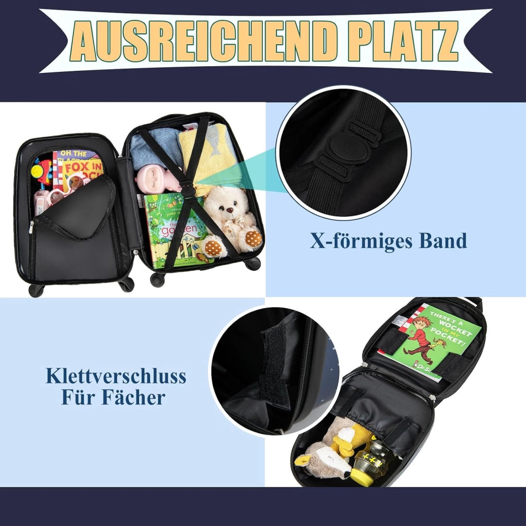 Set di Valigia 16’’ + Zaino 12’’ per Bambini 2 Pezzi, Bagagli 2-in-1 con Zainetto da Viaggio Aereo, Trolley con Maniglia Telescopica e 4 Ruote a 360° (Blu Traffico)
