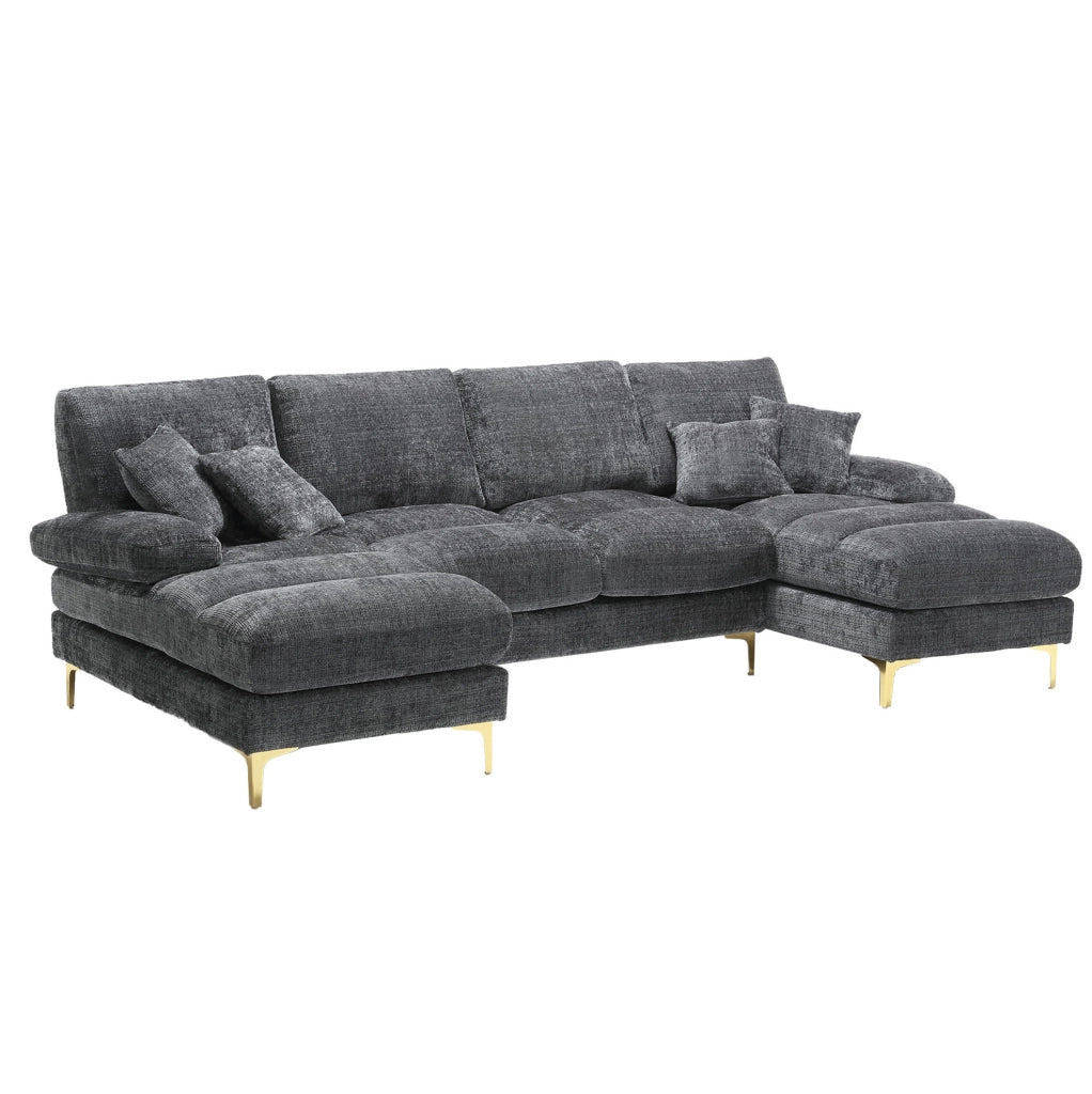 Divano a U 272x136x88 cm con due sedute reclinabili; struttura in legno; chenille grigio