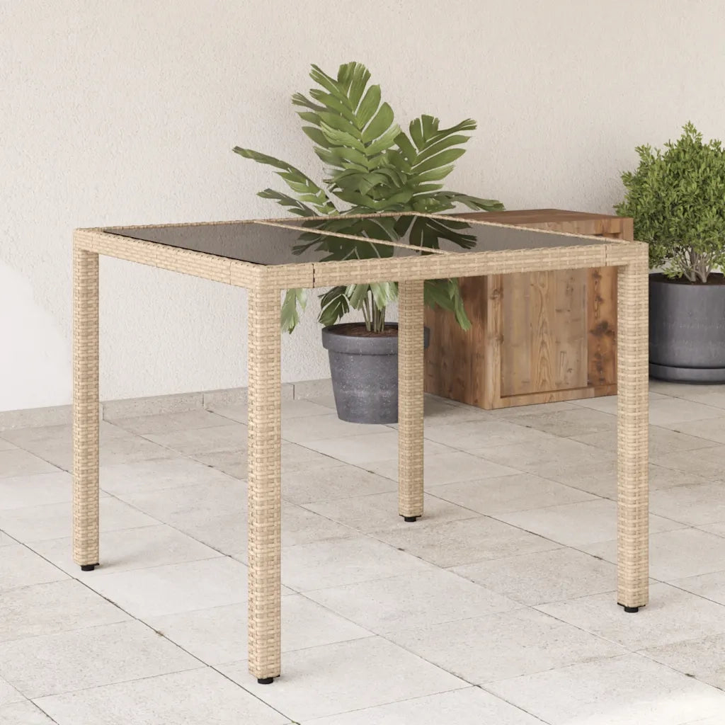 Tavolo da Giardino | Tavolino da esterno con Piano Vetro Beige 90x90x75 cm Polyrattan