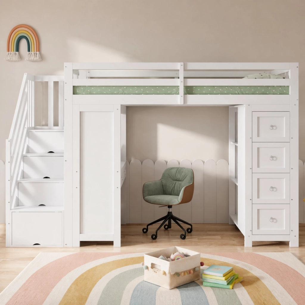 Letto a soppalco 90x200 cm con scrivania e contenitore in legno bianco