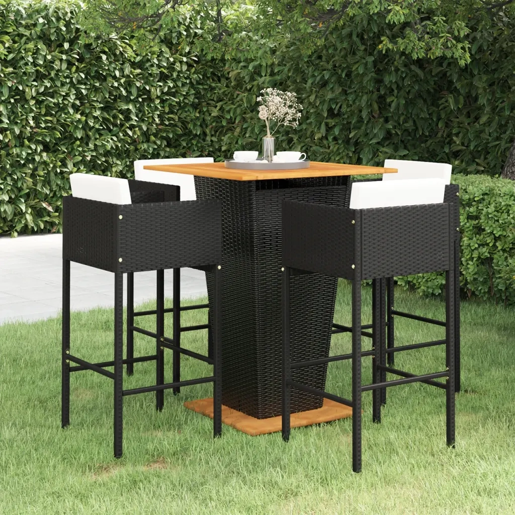 Set Bar da Giardino 5 pz con Cuscini in Polyrattan Nero cod mxl 37412
