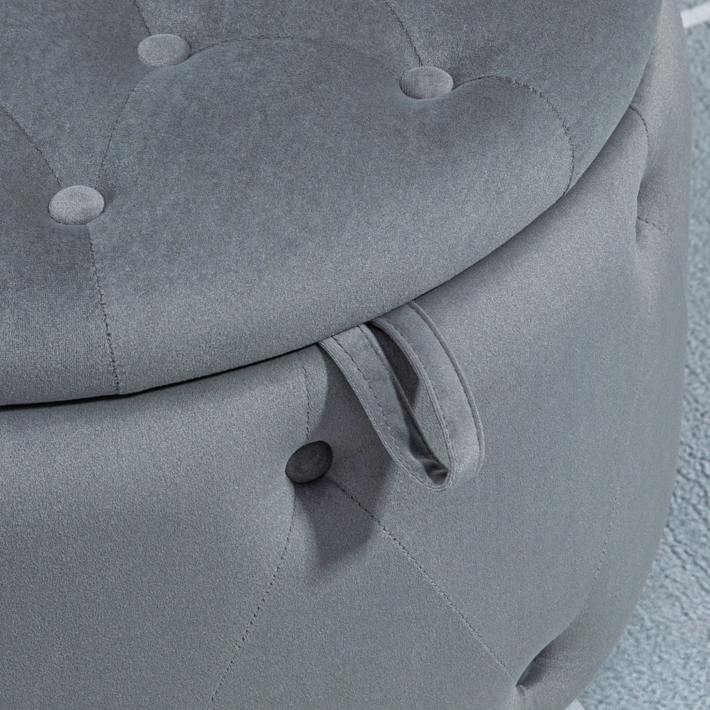 Pouf contenitore rotondo con coperchio e seduta imbottita in poliestere grigio per soggiorno e camera Ø60 × 40 cm