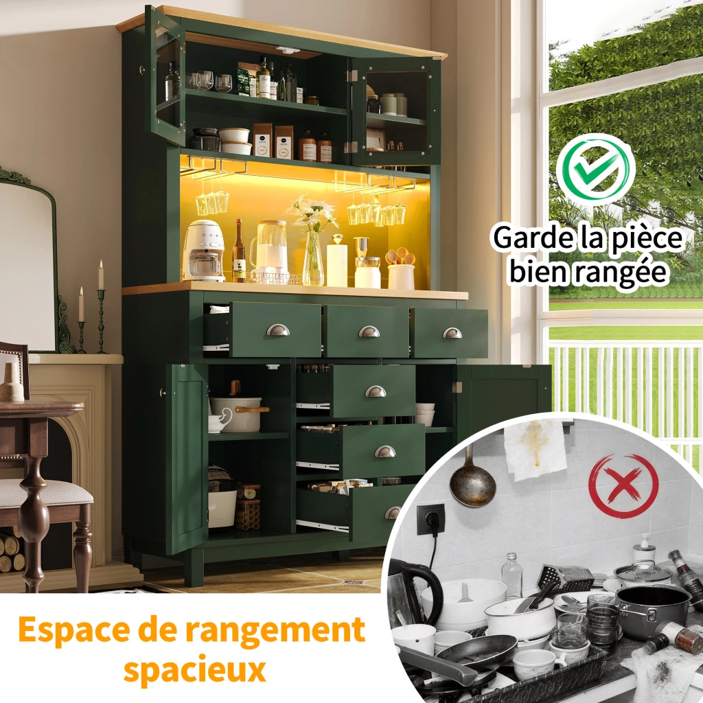 Credenza da Cucina Mobile Contenitore con Spazi di Stivaggio e LED regolabile; in MDF; 104x40x180 cm; Verde