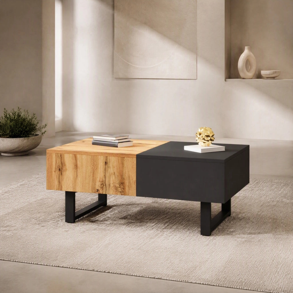 TAVOLINO DA CAFFÈ Scorrevole con vano contenitore 155 cm Legno Naturale e Antracite