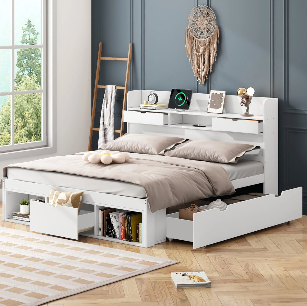 Letto matrimoniale 160x200 cm con USB; Type-C; cassetti e vani contenitore; bianco