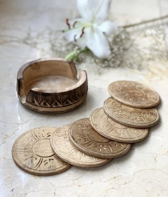 Set di 6 sottopanchine in legno artigianale - sottopanchina holder - bicchieri per bevande - tazza da tè - tazza da caffè - protezione per tavolo - macchie di morsicatura - Antisudamento rustico - 10 cm