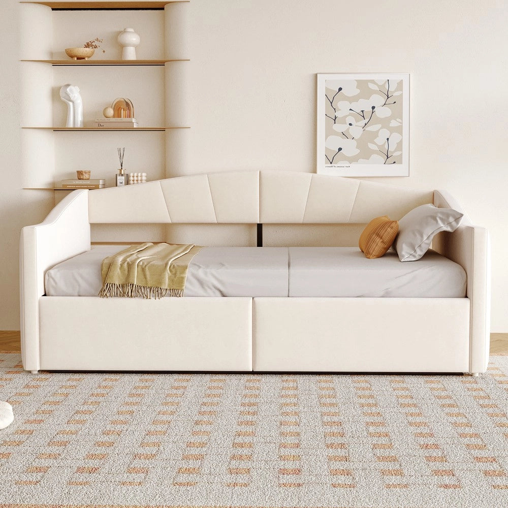 Letto imbottito contenitore 90x200 ¨C Minimal ¨C beige velluto con rete a doghe e braccioli