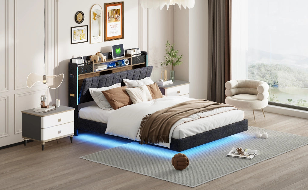 DESMIU Letto Matrimoniale 2 Posti con USB, LED, Vani e Ripiani 140 × 200 cm, Senza Materasso, Grigio