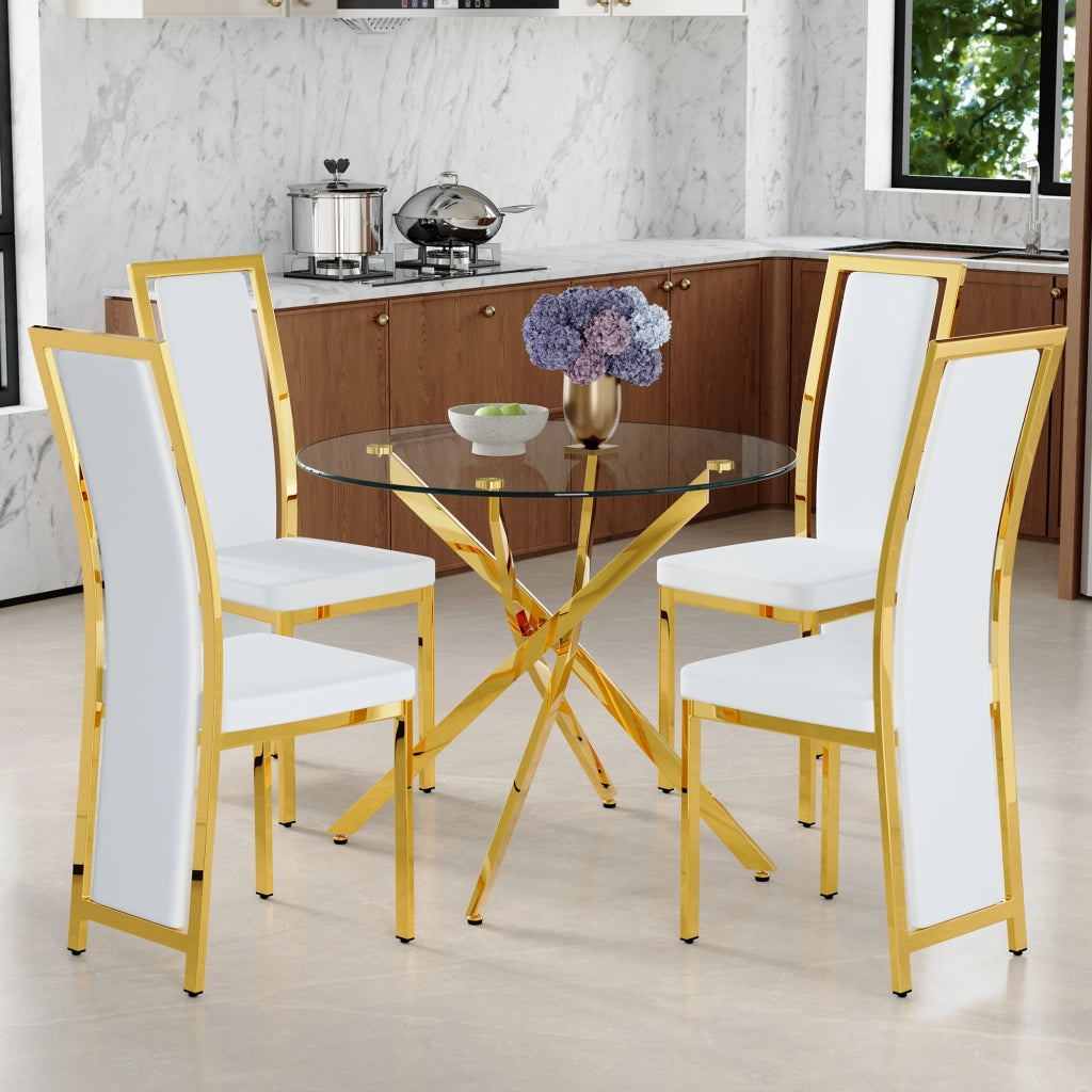 Set tavolo da pranzo e sedie con 1 tavolo rotondo e 4 sedie in vetro temperato metallo e PU bianco e oro