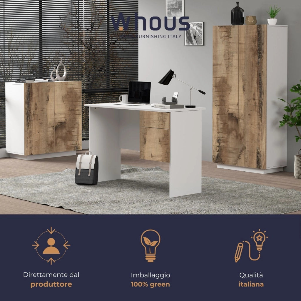 WHOUS Scrivania Easy 1 anta e 1 cassetto bianco opaco e acero 110x50x75 cm