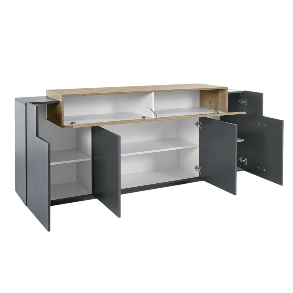 Credenza Discordia, Madia da cucina a 4 ante, Buffet da soggiorno, 100% Made in Italy, cm 220x45h86, Antracite e Acero