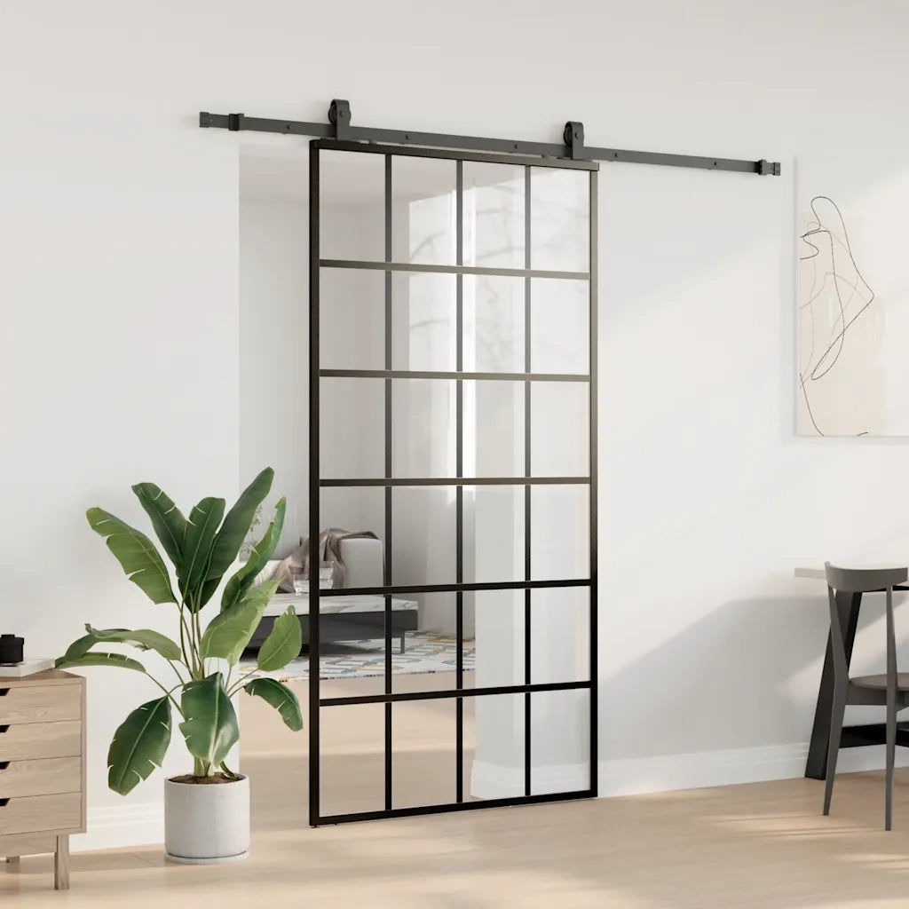 Porta Scorrevole con Ferramenta Nera 102x205 cm in Vetro ESG