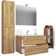 Completo Set bagno 5 pz Mobile sosp 2 casetti con Lavabo XL in ceramica incl 1 Colonna 1 mobile sosp e specchio, Rovere