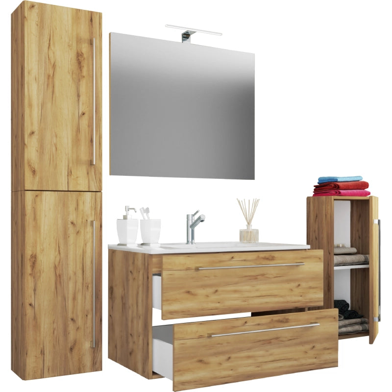 Completo Set bagno 5 pz Mobile sosp 2 casetti con Lavabo XL in ceramica incl 1 Colonna 1 mobile sosp e specchio, Rovere