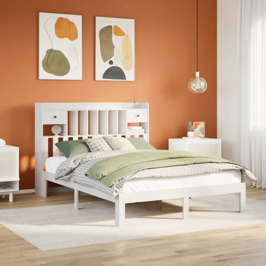 Letto Libreria senza Materasso-Struttura Letto con contenitore Bianco 135x190 cm Legno di Pino 368481