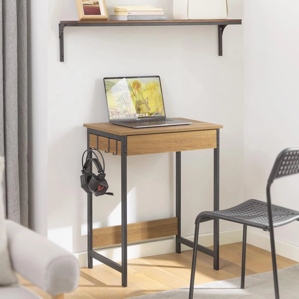 Scrivania Salvaspazio con 1 Cassetto e 2 Ganci Tavolo da Lavoro Angolare Piccolo per Ufficio o Studio Scrivania Nero-Naturale per Casa, Cameretta o Computer 60x40x77cm FWT43-N