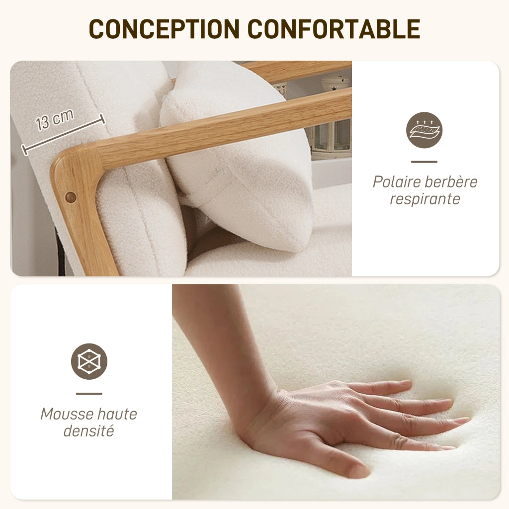 Poltrona a Dondolo con Poggiapiedi in Tessuto Boucl¨¦ e Gambe in Legno ¨C Minimal ¨C 64.5x82x89 cm Bianco