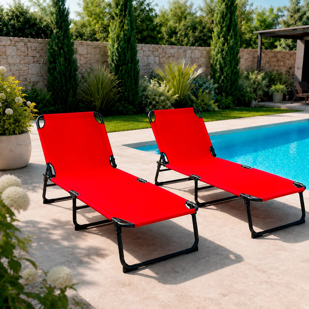 Lettino Sdraio Pieghevole Prendisole Con Schienale Reclinabile Regolabile Telaio In Metallo Nero Per Mare Piscina Giardino 187 x 53 x 24 Cm Rosso