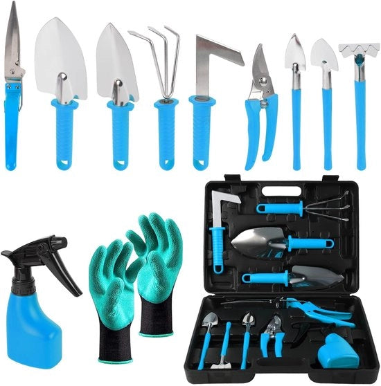 Set di attrezzi da giardino, 11 pezzi di attrezzi da giardino con borsa, set di attrezzi da giardino per scavare, piantare e potare, set di attrezzi da giardino unico con guanti per signore e signori (blu)