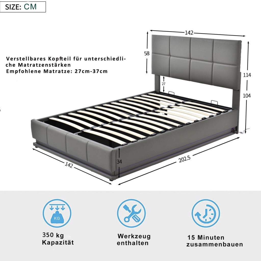 Letto contenitore matrimoniale 140×200 cm con LED e rete sollevabile; senza materasso; grigio
