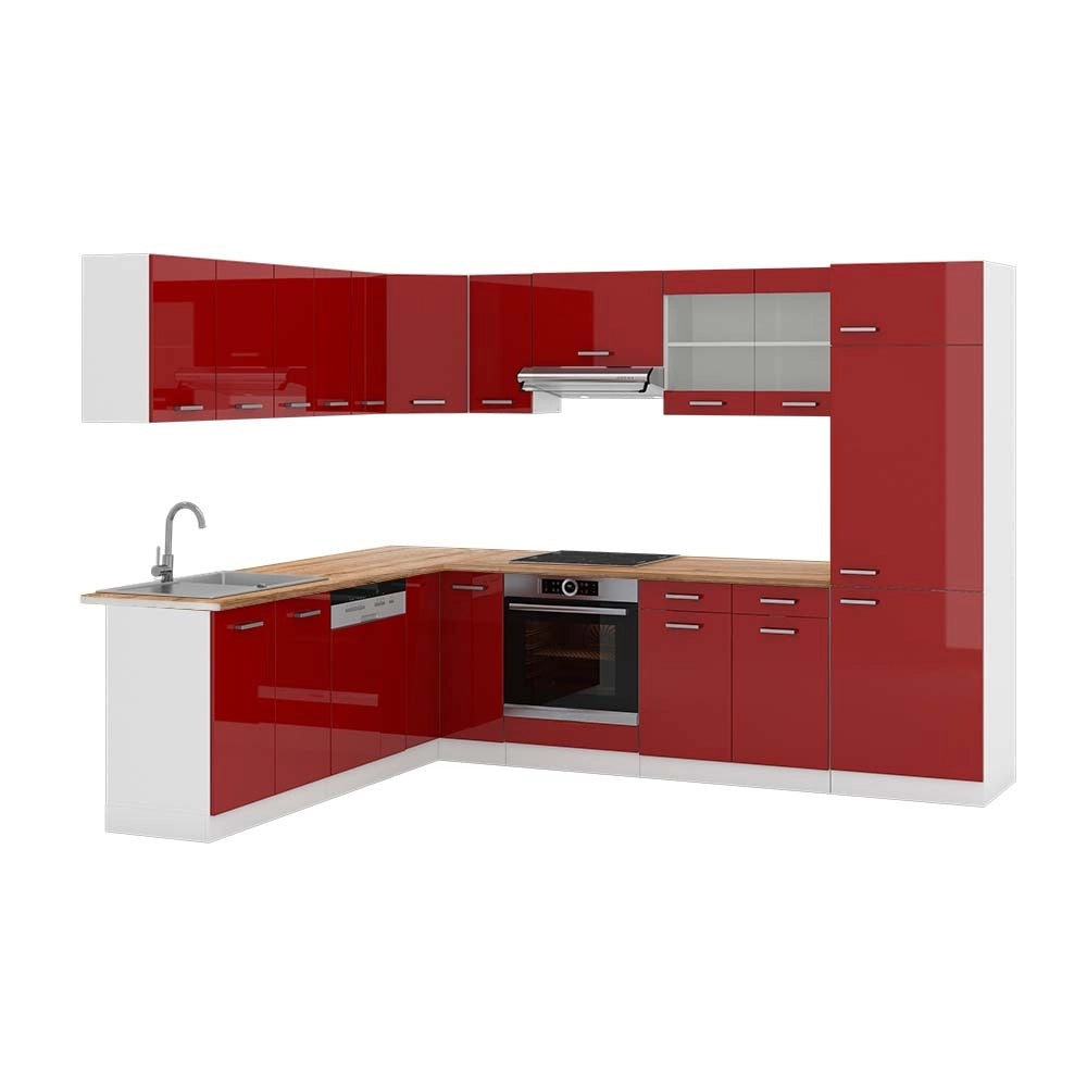 Cucina angolare completa R-Line Rosso lucido/Bianco 287 x 227 cm, PL Rovere Vicco