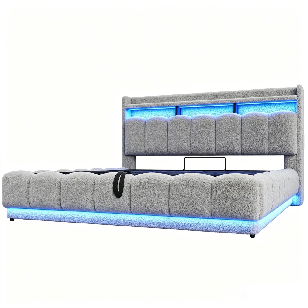 Letto imbottito con contenitore idraulico e LED, 180x200 cm, grigio