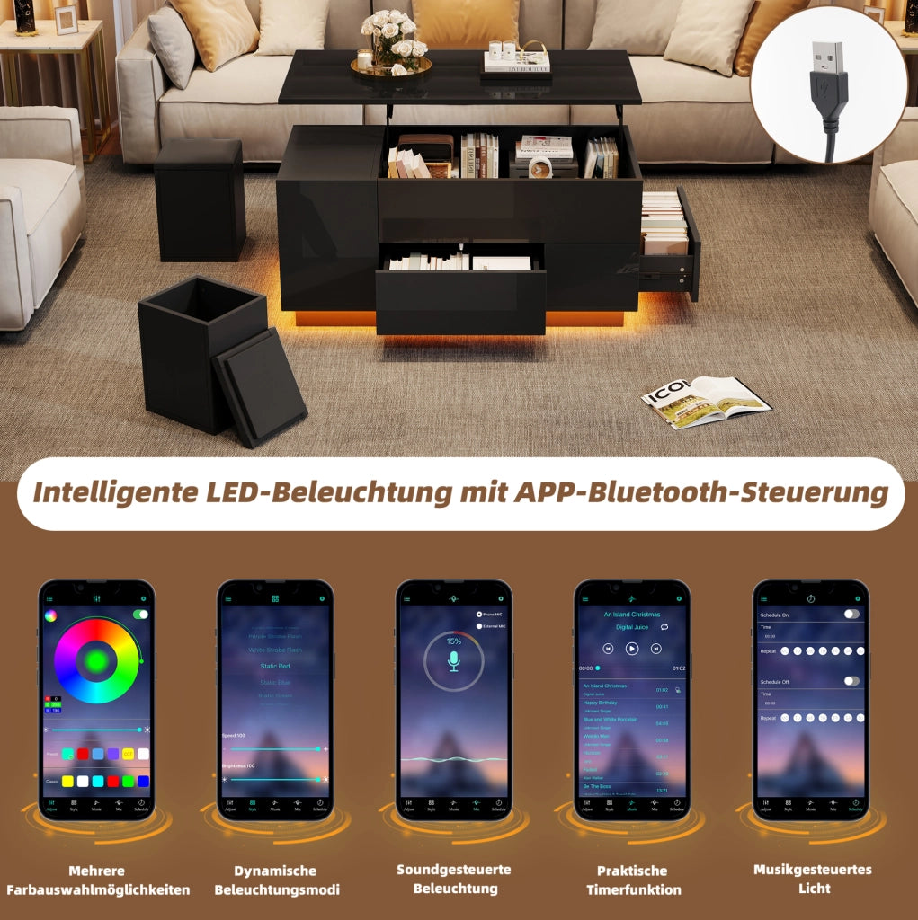 Tavolino da caffè elevabile con LED, 2 cassetti e 2 pouf nero