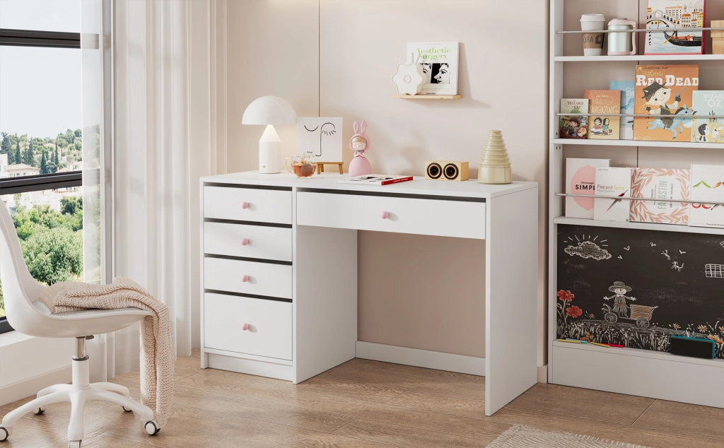 Scrivania lineare con 5 cassetti e maniglie in ceramica rosa, per cameretta e camera da letto, bianco, 120 × 45 × 74 cm