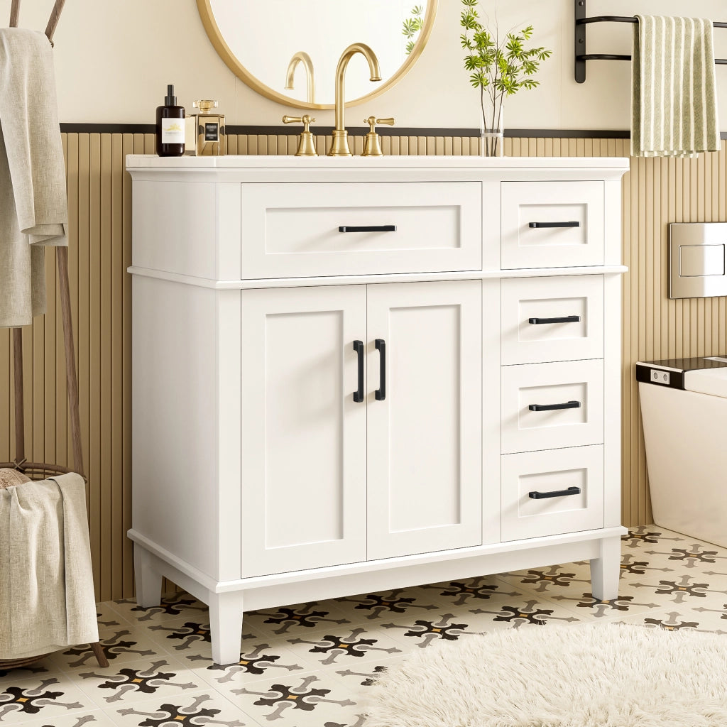 Mobile bagno freestanding 90¡Á46¡Á87 cm, lavabo in ceramica, 4 cassetti, vano ribaltabile, armadio 2 ante, bianco, maniglie nere.