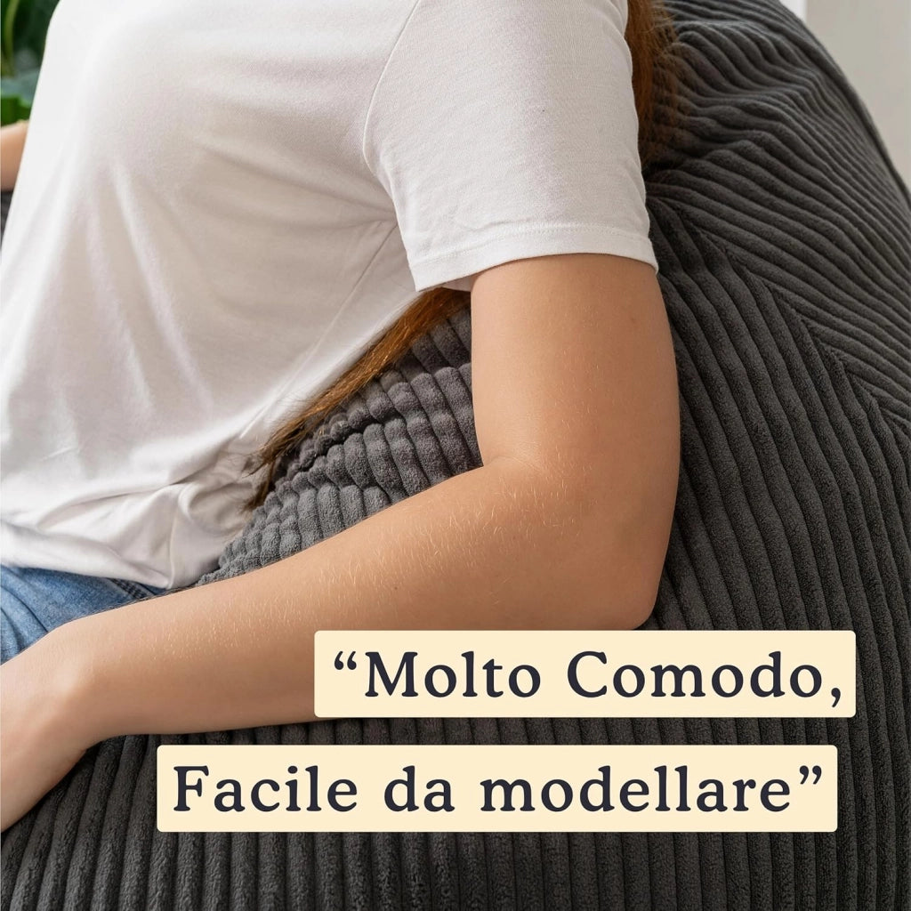 Pouf Poltrona Sacco in Velluto a Coste Larghe - Imbottitura in Schiuma, Morbido - Fodera Lavabile - Facile da Trasportare, Per Bambini e Adolescenti (105x85 cm, Grigio Scuro)