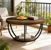 Tavolino rotondo a 2 livelli in legno e metallo, stile Rustic