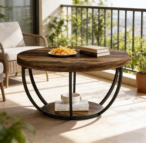 Tavolino rotondo a 2 livelli in legno e metallo, stile Rustic