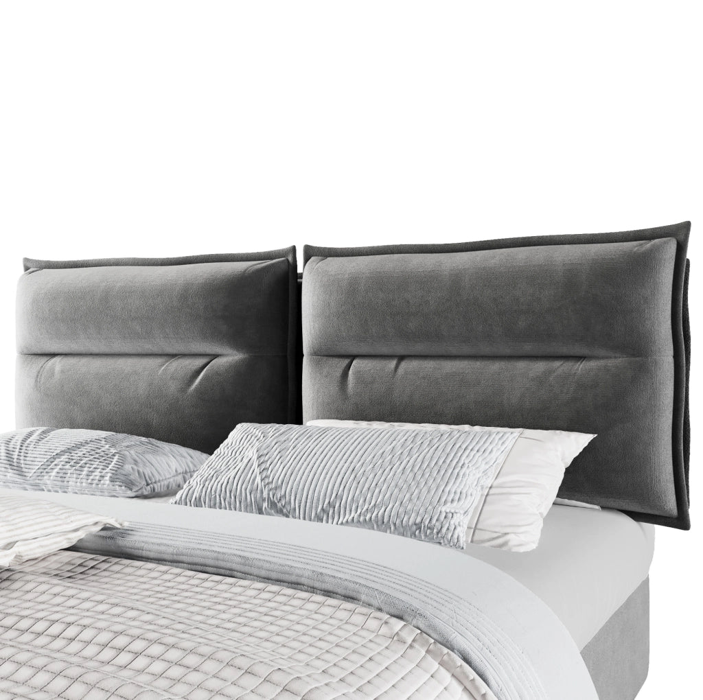 Letto matrimoniale imbottito con contenitore 140x200 cm in velluto grigio; testiera regolabile