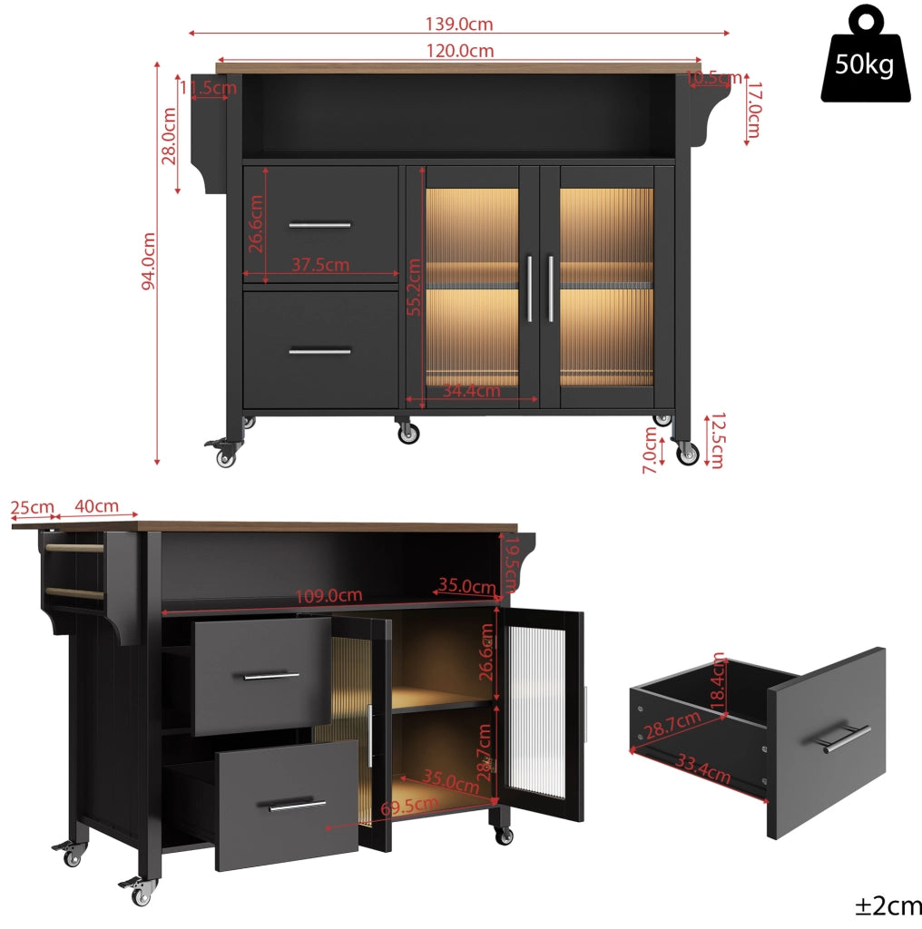 Carrello da cucina 139x40x94 cm pieghevole in MDF nero