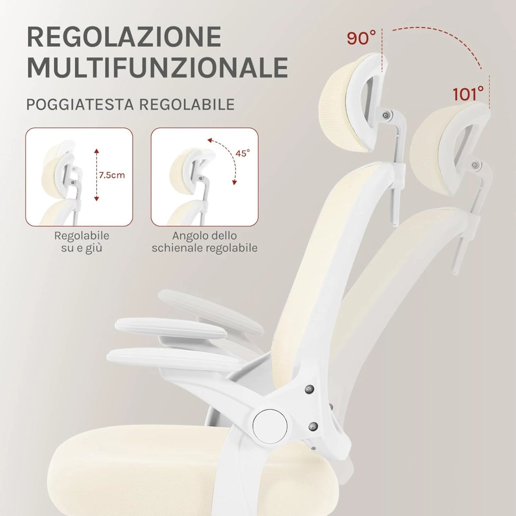 Sedia Ufficio Ergonomica con Poggiatesta e Braccioli Regolabili, Supporto Lombare, Poltrona Scrivania Girevole in Rete Traspirante Funzione Dondolo, Beige