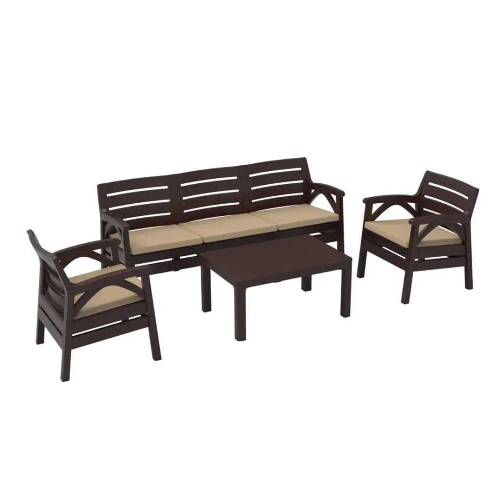 Salotto da giardino SOLVANA 5 posti marrone e beige con divano a 3 posti, poltrone e tavolino