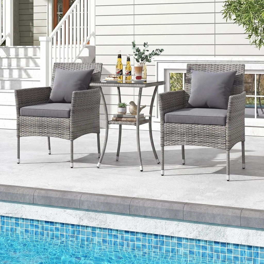 Set di mobili da balcone piccolo balcone, mobili da giardino in rattan, tavolo da bistrot con 2 sedie, mobili da balcone, set da 3 pezzi con cuscino, balcone, set da 2 sedie, 1 tavolo per 2